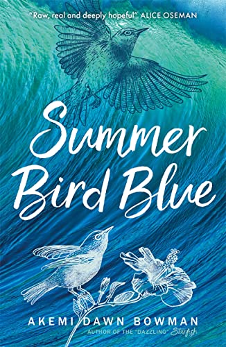 Book cover: blue waves, white birds, and the title "Summer Bird Blue.