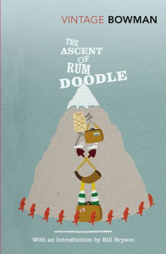 "Book cover of 'The Ascent of Rum Doodle' featuring a cartoon climber on a mountain."