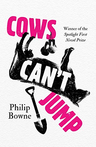 Book cover: black and white cows falling, pink title "Cows Can't Jump".