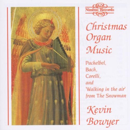 "CD cover featuring an angel playing an organ, with red text on a white background."