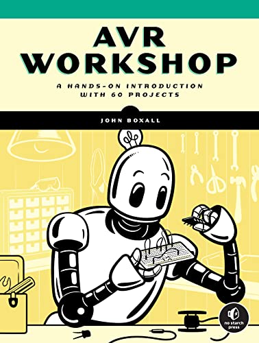 Book cover: "AVR Workshop" with a cartoon robot holding a circuit board.