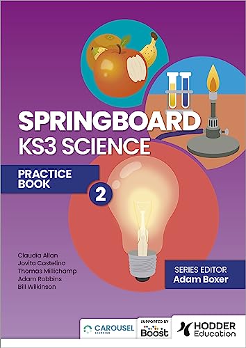 KS3 Science practice book cover with fruit, lightbulb, and lab equipment.