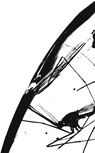 Black and white abstract graphic showing a curved line and insect-like silhouettes.