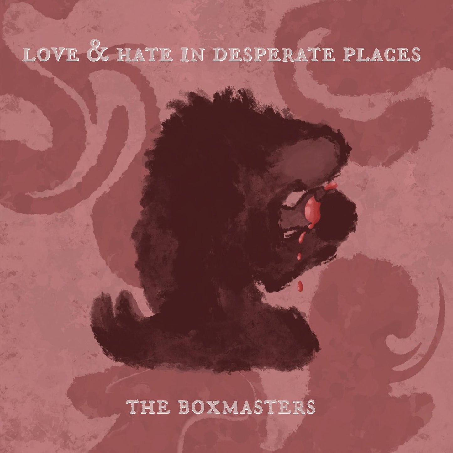 Album cover with a dark silhouette of a dog-like figure bleeding on pink background.