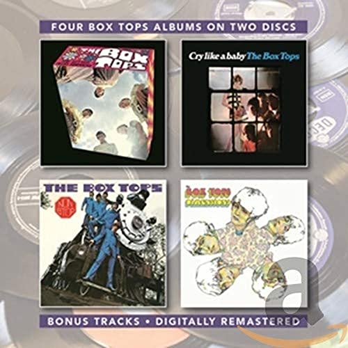 Four album covers by The Box Tops arranged on a silver background.