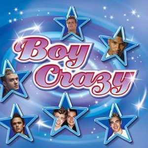 "Album cover with 'Boy Crazy' title, surrounded by stars with men's faces, on blue background."