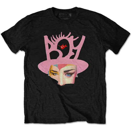 Black t-shirt featuring a stylized graphic of Boy George's face and pink hat logo.