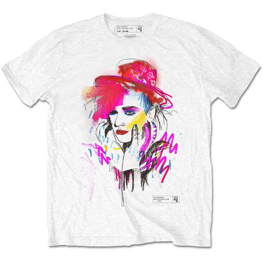 White t-shirt with a colorful, drawn portrait of Boy George.