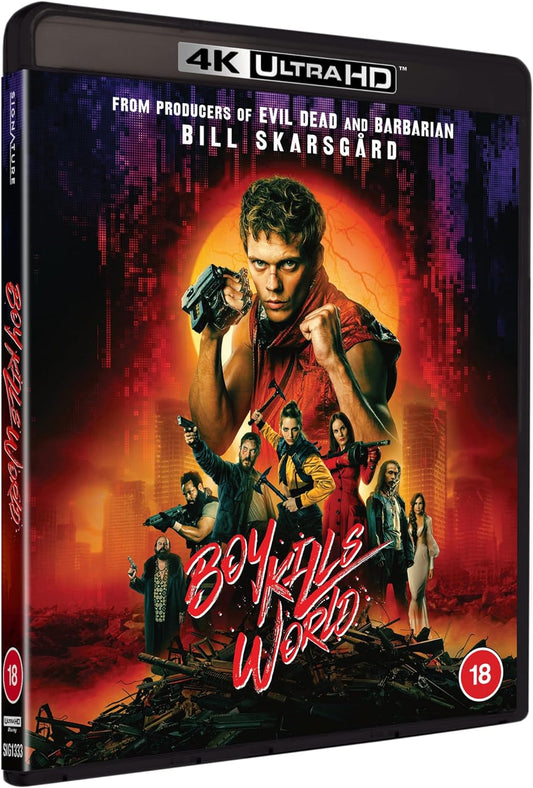 “Boy Kills World” 4K UHD Blu-ray cover featuring a young man with a gun.