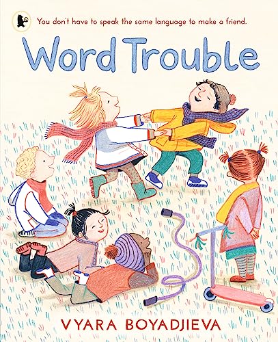Children playing and jumping in a grassy field, book cover illustration.