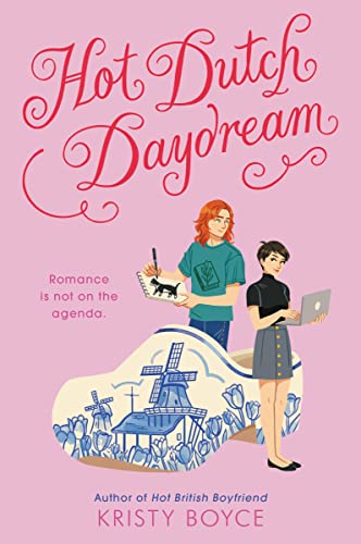 Book cover: two people, a windmill, and floral Delftware design.