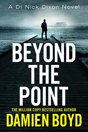 Book cover: lone figure on a pier, stormy sea, bold title "Beyond the Point".