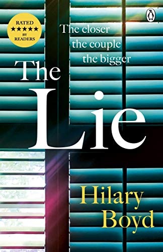 Book cover for "The Lie" by Hilary Boyd with blue shutter background.