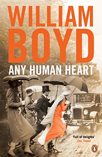 "Book cover of 'Any Human Heart' by William Boyd, featuring a man lying on grass."