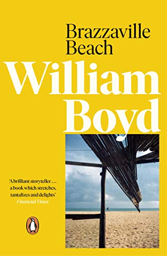 Book cover for Brazzaville Beach by William Boyd featuring a beach scene under yellow.