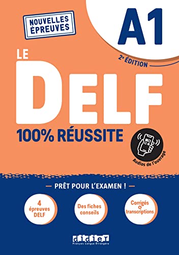 DELF A1 textbook cover with large white lettering and blue wave design.