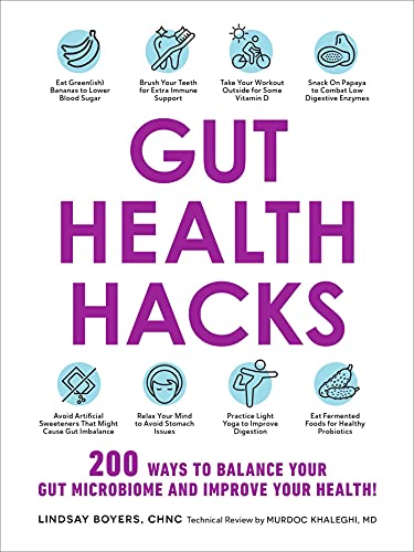 Book cover with purple text reading "Gut Health Hacks" and small illustrated icons.
