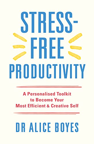 Book cover with blue title "Stress-Free Productivity" and author name below.