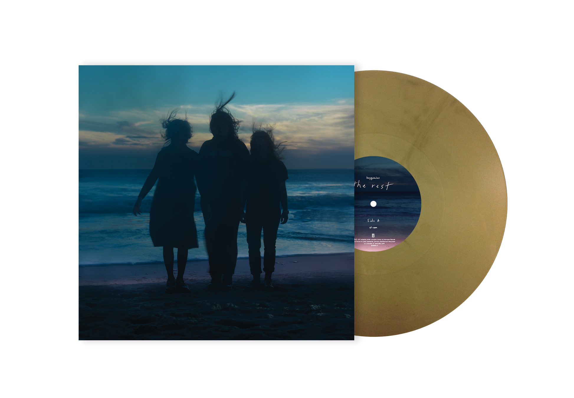 boygenius album cover with three figures on a beach, gold vinyl record.