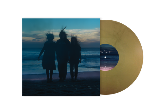 boygenius album cover with three figures on a beach, gold vinyl record.