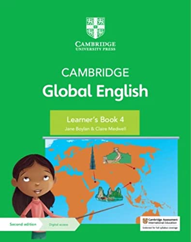 Green textbook cover with “Cambridge Global English Learner’s Book 4” and a world map.