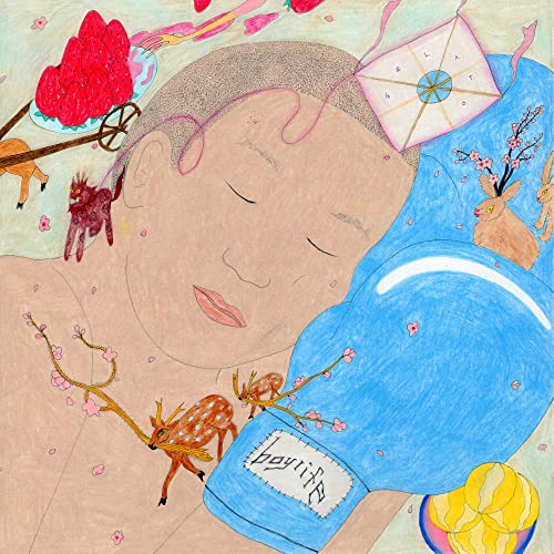 Illustration of a person sleeping against a blue boxing glove surrounded by whimsical animals.