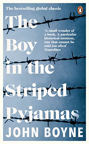 Book cover: "The Boy in the Striped Pyjamas" with barbed wire.