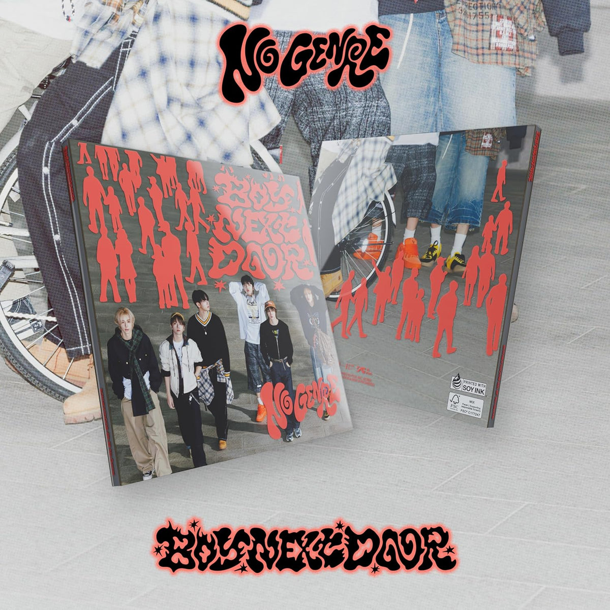 CD cover for Boynextdoor’s “no Genre” featuring group portrait and bicycle.
