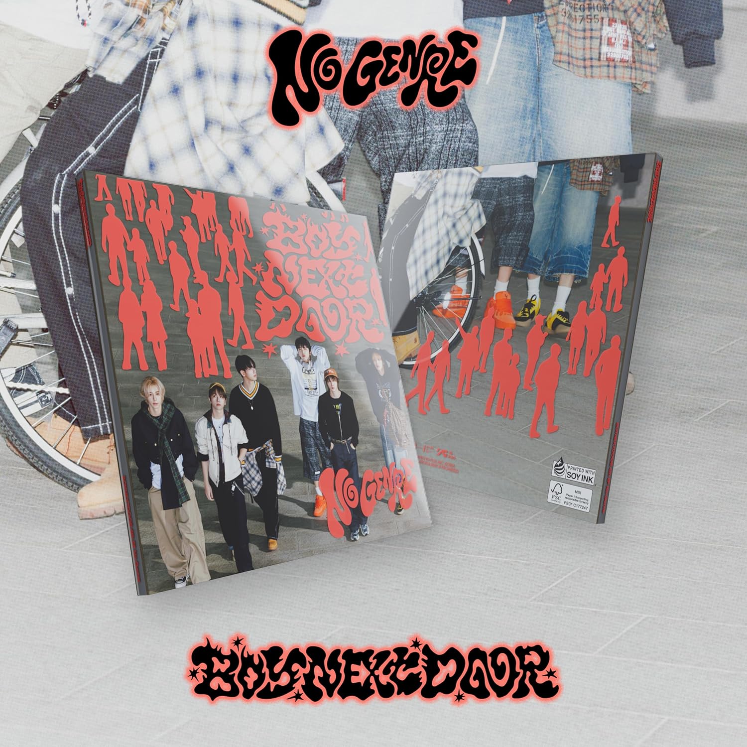 CD cover for Boynextdoor’s “no Genre” featuring group portrait and bicycle.