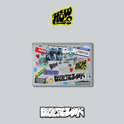 Boynextdoor EP "How?" CD packaging covered in colorful stickers.