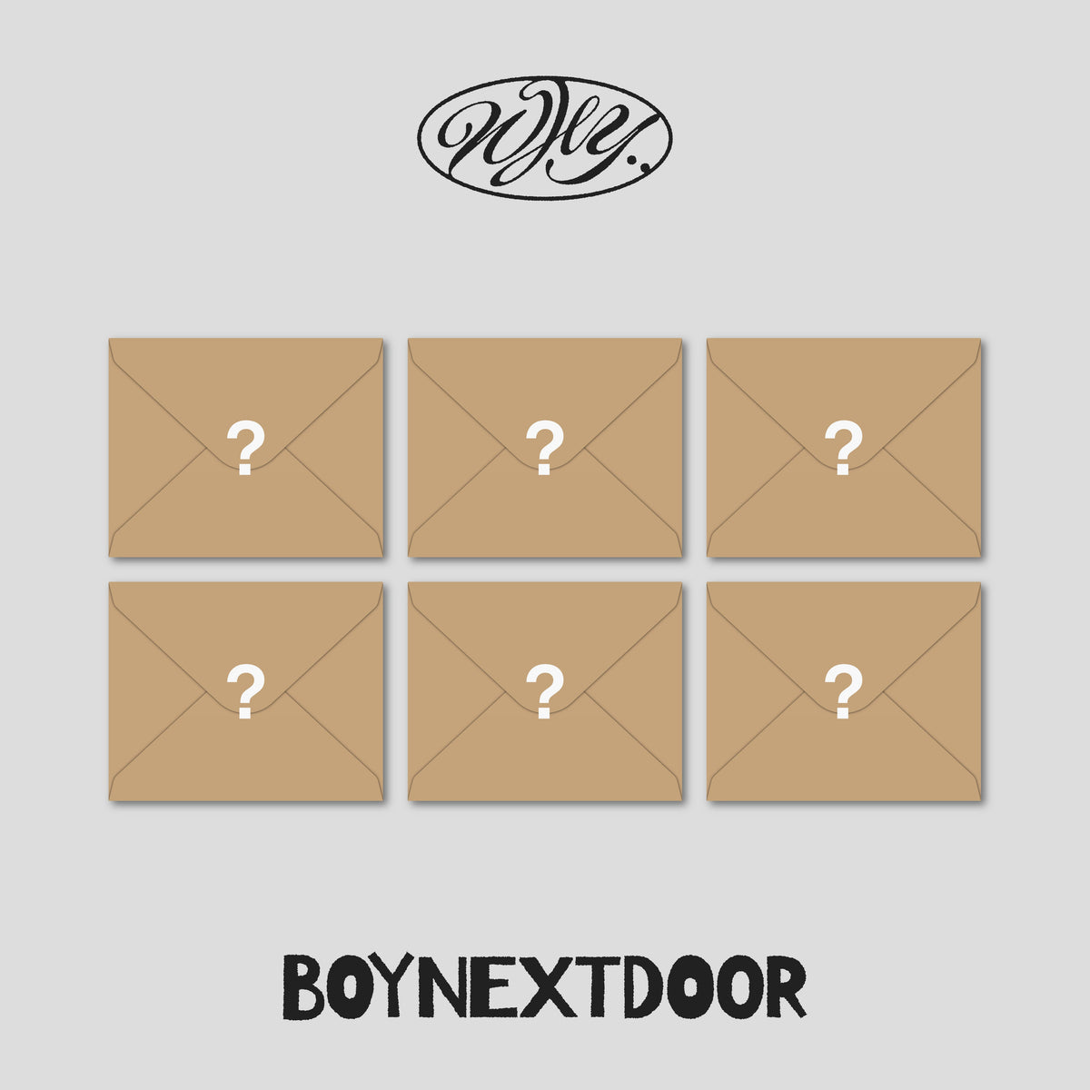 BOYNEXTDOOR album cover with six brown envelopes and question marks.