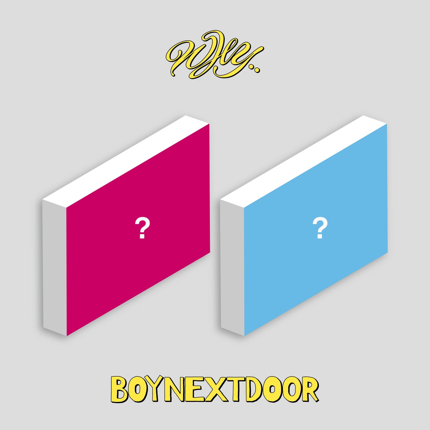 Album cover for BOYNEXTDOOR’s “WHY..”, featuring pink and blue blocks with question marks.