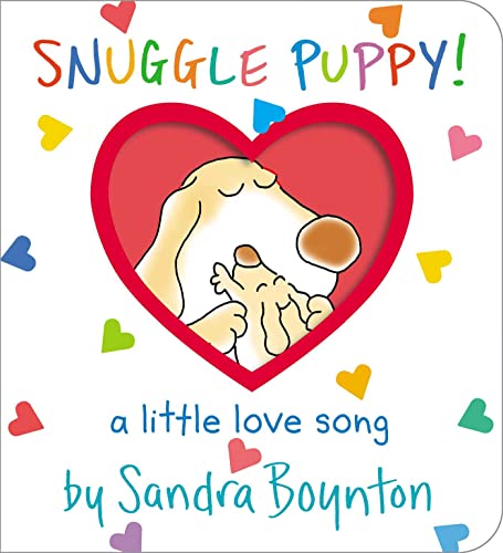 A cartoon dog hugging a smaller puppy inside a red heart on a white background.