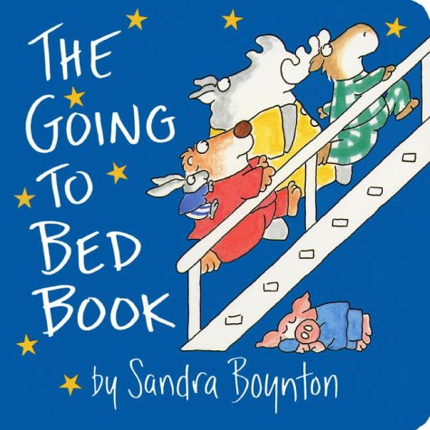 Cartoon animals in pajamas climb stairs on a blue background with yellow stars.