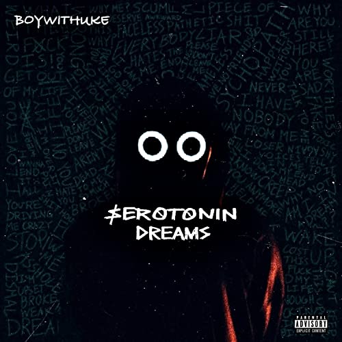 CD cover for BoyWithUke’s “Serotonin Dreams” featuring a shadowed figure with large eyes.