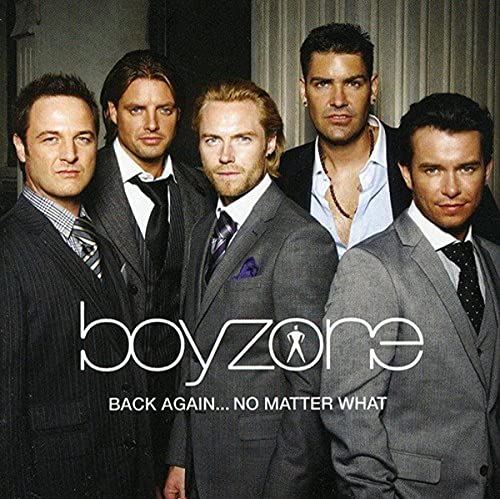 Boyzone band members in suits on album cover, text reads "Back Again".