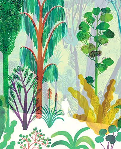 A white silhouette of a person walking through a colorful, stylized forest of trees.