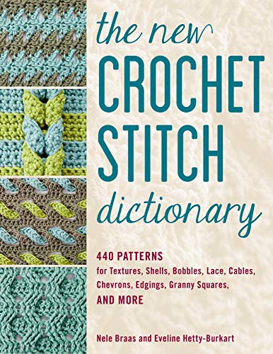 Crochet stitch dictionary cover with colorful stitch examples and text.
