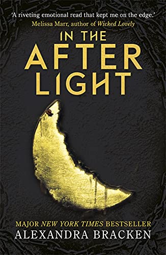 Book cover for In the Afterlight featuring a gold crescent moon on black background.
