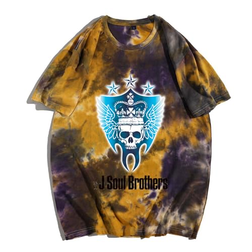 Tie-dye t-shirt with a skull, crown, and stars graphic.