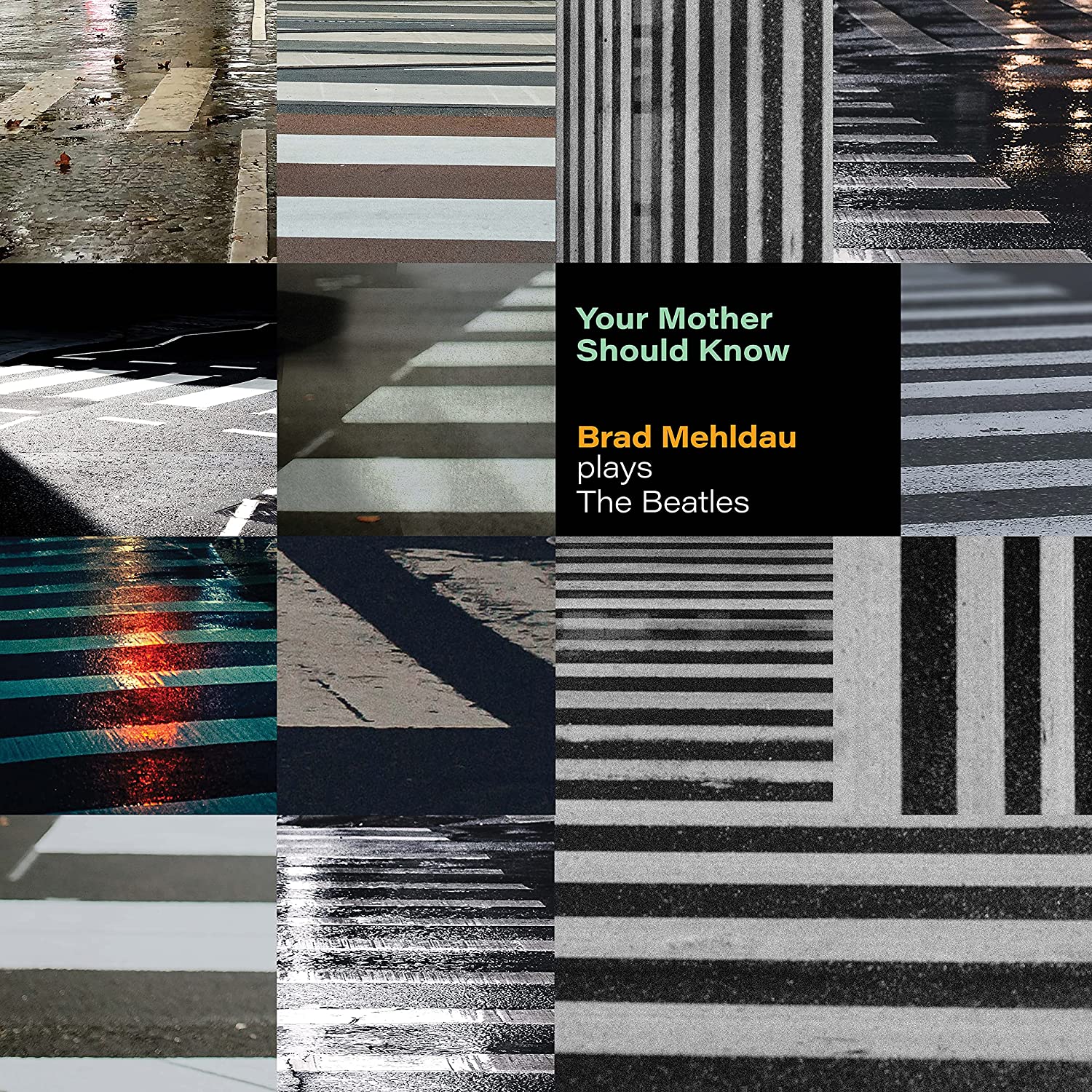 "Album cover with black center, green, orange, and white text, surrounded by crosswalk images."