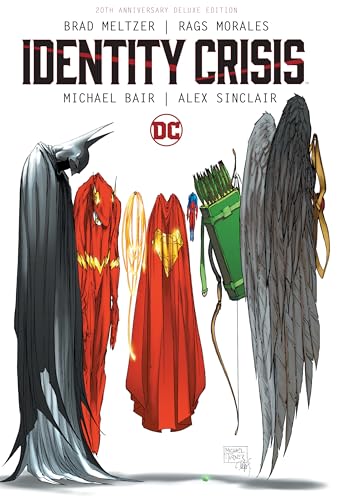 “Identity Crisis” book cover featuring superhero costumes and a bow.
