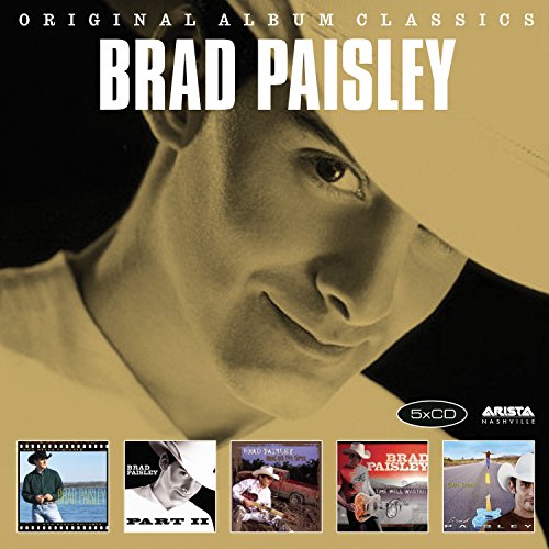 Brad Paisley wearing a cowboy hat with five smaller album covers below.