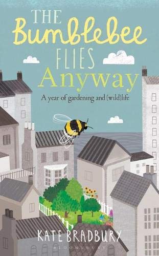 Book cover with bumblebee flying over houses and garden, blue sky with clouds.