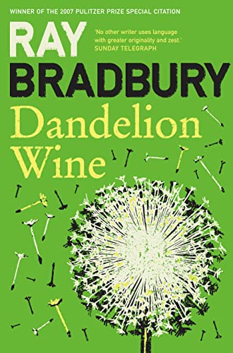 Book cover for Dandelion Wine by Ray Bradbury featuring a dandelion on green background.