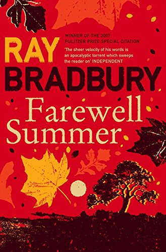 Book cover of Farewell Summer by Ray Bradbury featuring autumn leaves on a red background.