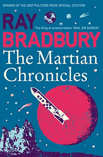 Book cover for "The Martian Chronicles" with a red planet and rocket.