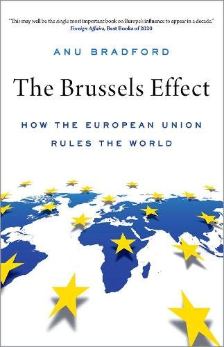 Book cover: “The Brussels Effect” with a world map and gold stars.