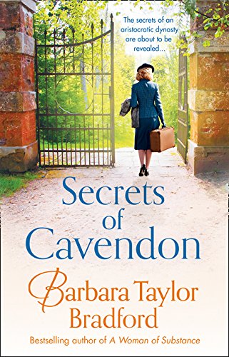 Book cover: woman with suitcase approaching ornate gates of Cavendon Hall.