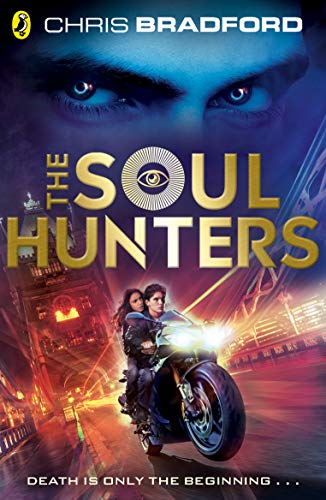 Book cover: couple on motorcycle, with an eye motif and city backdrop.